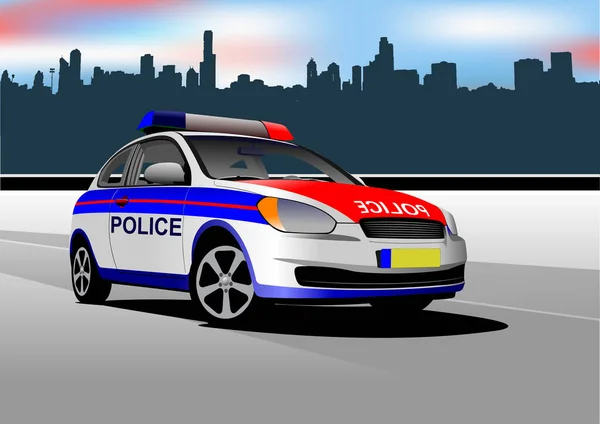 Şehrin Panorama Arka Planında Bir Polis Arabası Vektör Illüstrasyon — Stok Vektör