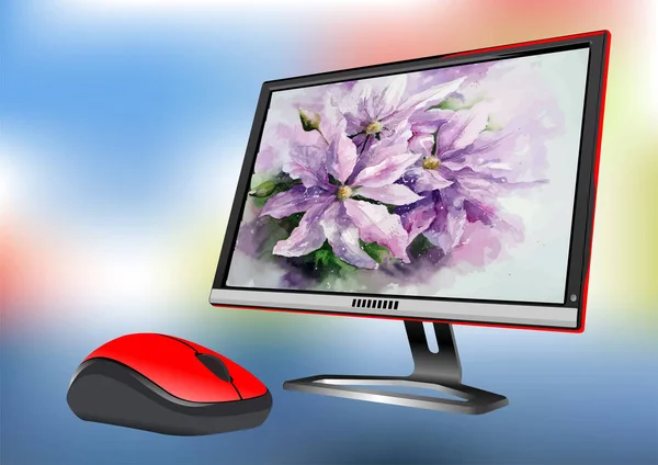 花の背景とフラットコンピュータモニター ベクトル3Dイラスト — ストックベクタ