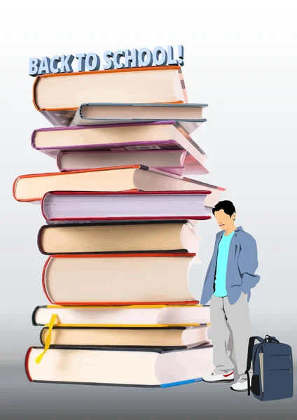 Αφηρημένη Σύνθεση Αγόρι Σχολείο Και Στοίβα Βιβλίων Πίσω Στο Σχολείο — Διανυσματικό Αρχείο