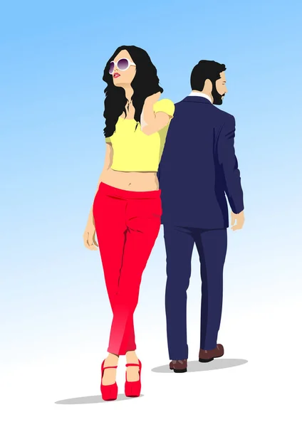 迷人的年轻夫妇戴着太阳镜 背靠背地站着 3D彩色矢量插图 — 图库矢量图片