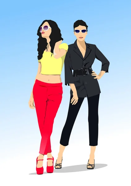 两个年轻貌美的性感女子站在蓝天的背景上 3D彩色矢量插图 — 图库矢量图片
