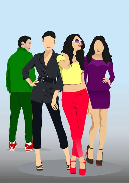 Three Women Man Color Vector Illustration — Stock Vector