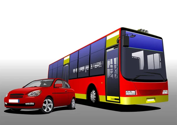 Kırmızı Araba Sedanı Şehir Otobüsü Yolda Vektör Illüstrasyon — Stok Vektör