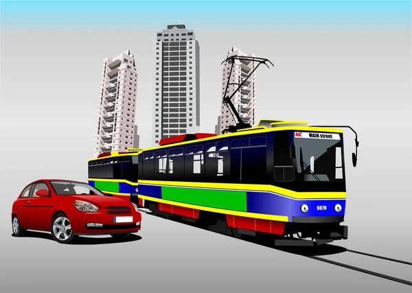红色轿车和城市有轨电车在路上 矢量3D说明 — 图库矢量图片