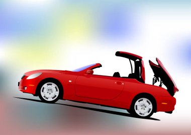 Kırmızı araba Cabriolet yolda. Vektör 3d illüstrasyon