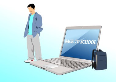 Soyut bir geçmişi olan bir okul çocuğu. Okula dönelim. Vektör 3d illüstrasyon