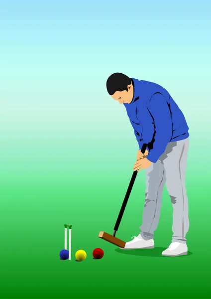 Giocatore Croquet Che Sta Attaccare Palla Illustrazione Vettoriale Colori — Vettoriale Stock