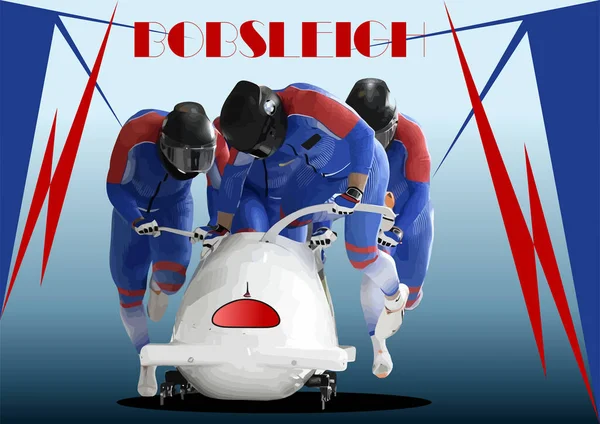 Four Men Team Bobsleigh Vector Color Illustration — Stock Vector