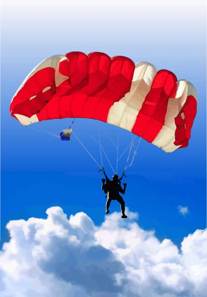 蓝色的天空和白色羽毛状的云彩映衬着彩色的降落伞 3D彩色矢量插图 — 图库矢量图片
