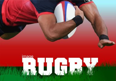 Rugby oyuncusunun siluetinin posteri. 3d renk vektörü illüstrasyonu