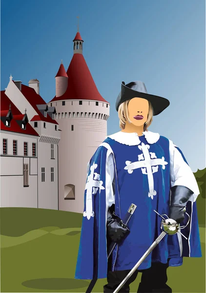 Musketeer Old Castle Image Background Vector Color Illustration — Stock Vector