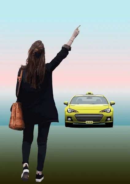 Молодая Девушка Останавливает Такси Векторная Цветная Иллюстрация — стоковый вектор