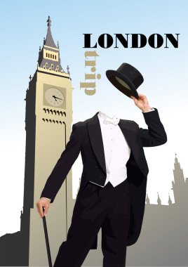 Centilmen imajlı Londra gezisi posteri. Vektör 3d illüstrasyon