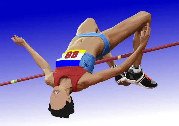 Абстрактный Спортсмен Прыгает Высоту Сине Белом Фоне Векторная Иллюстрация — стоковый вектор