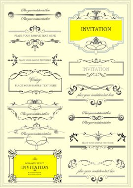 Örnek metin ile süslü vektör çerçeveleri ve süslemeleri. Davet ya da duyuru olarak mükemmel. Bütün parçalar ayrı. Renk değiştirmek ve düzenlemek kolay.