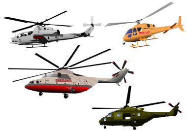 Dört helikopter var. Renk Vektörü 3d illüstrasyonu