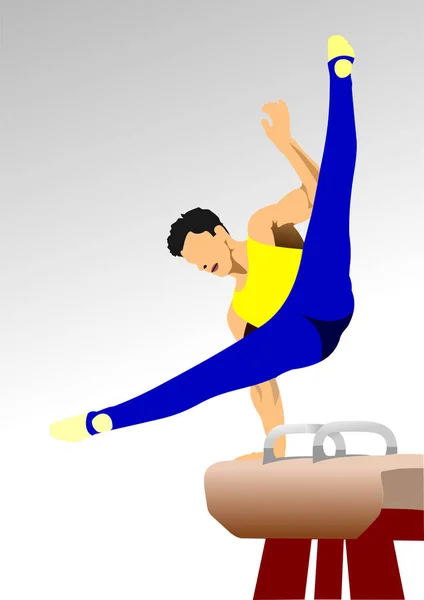 Set Man Gymnast Exercises Pommel Horse Vector Illustration — Stock Vector