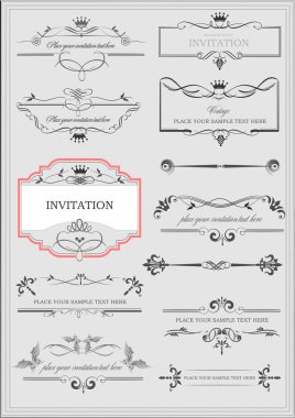 Örnek metin ile süslü vektör çerçeveleri ve süslemeleri. Davet ya da duyuru olarak mükemmel. Bütün parçalar ayrı. Renk değiştirmek ve düzenlemek kolay.