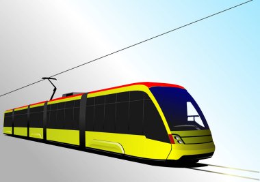 Şehir ulaşımı. Modern sarı tramvay. Tasarımcılar için Renkli Vektör 3d illüstrasyon