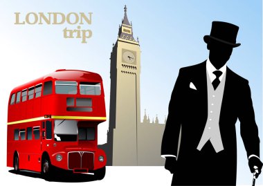 Çift katlı otobüs ve centilmen imajı olan Londra gezisi posteri. Vektör 3