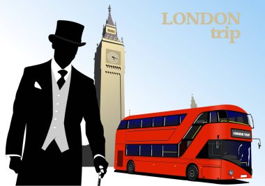 Modern Londra çift katlı kırmızı otobüsü olan Londra gezisi posteri. Vektör 3d illüstrasyon