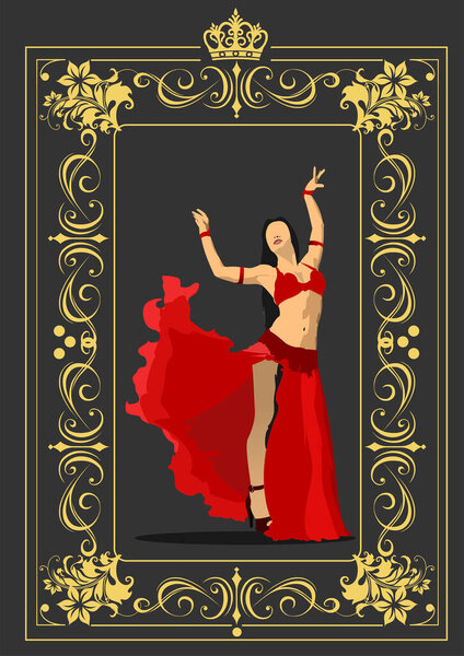 Belly dancer. Attractive girl dances east dance. Purple dress. 3d vector color illustration