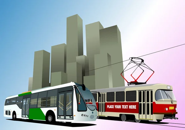 Şehir Arka Planında Şehir Arabası Tramvay Otobüs Var Vektör Illüstrasyon — Stok Vektör