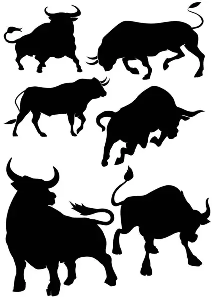 Seis Imágenes Animales Bull Pose Poder Ilustración Vectorial Blanco Negro — Vector de stock