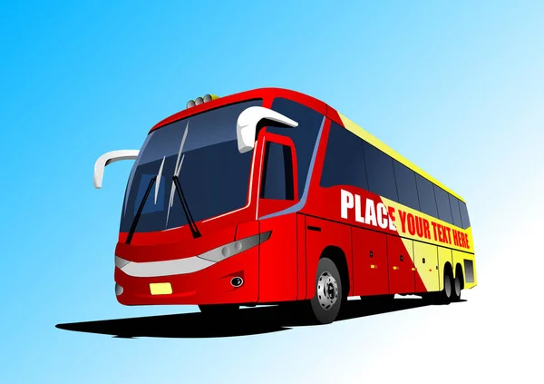 红色黄色的城市巴士在路上 矢量3D说明 矢量图形
