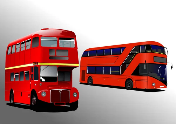 Deux Générations Bus Rouge Londres Deux Étages Illustration Vectorielle — Image vectorielle