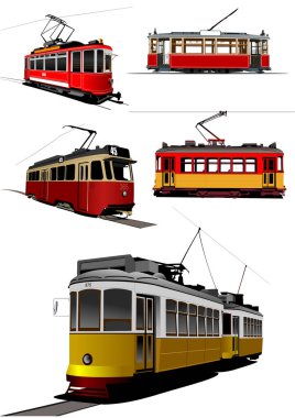 Şehir ulaşımı. Eski Tramvay seti. Tasarımcılar için Renkli Vektör 3d illüstrasyon