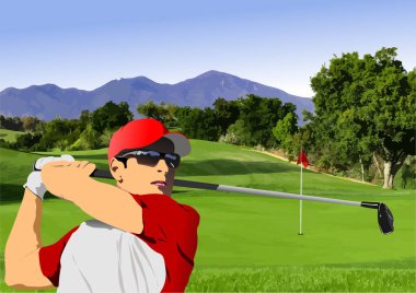 Golf kulübü geçmişinde golfçü imajı var. Vektör 3d illüstrasyon