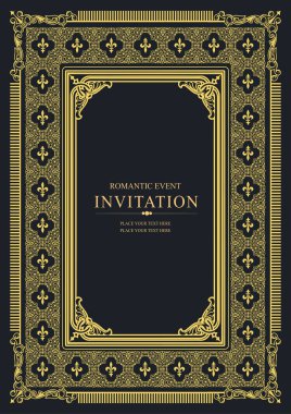 Koyu arkaplanda altın bir süs. Davetiye olarak kullanılabilir. Kitap kapağı. Vektör illüstrasyonu