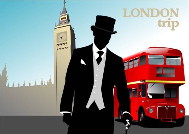 Çift katlı otobüs ve centilmen imajı olan Londra gezisi posteri. Vektör 3 boyutlu illüstrasyon. El çizimi illüstrasyon