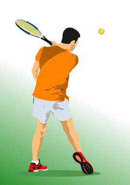 Tenis oyuncusu posteri. Tasarımcılar için Renkli Vektör 3 boyutlu illüstrasyon. El çizimi illüstrasyon