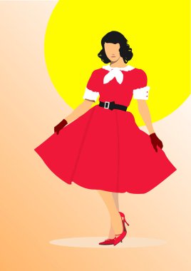 beyaz zemin üzerine Kırmızı elbiseli güzel esmer kadın