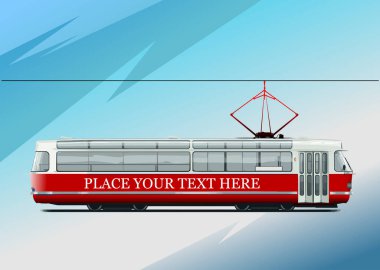 Şehir ulaşımı. Modern kırmızı tramvay. Renkli el çizilmiş Vektör 3d il