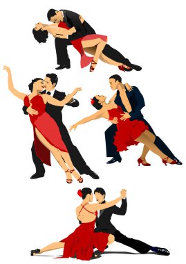 Tango yapan bir çift. Vektör eli çizilmiş Renkli 3d illüstrasyon