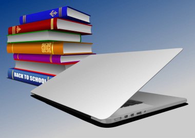 Okula dönelim. Kitap ve dizüstü bilgisayar yığını. 3d vektör el çizimi