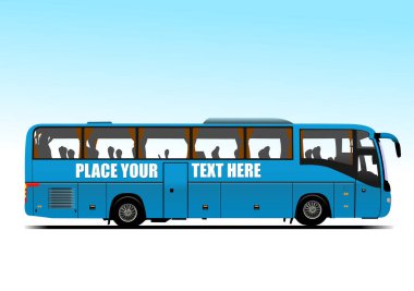 Mavi turist otobüsü. Koç! Vektör 3d renk el çizimi resimleme