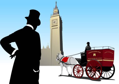 Londra gezisi posterinde eski bir taksi resmi var. Vektör 3 boyutlu illüstrasyon. El çizimi illüstrasyon