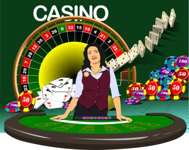 Kumarhanedeki Krupiye Kadın. 3d vektör el çizimi