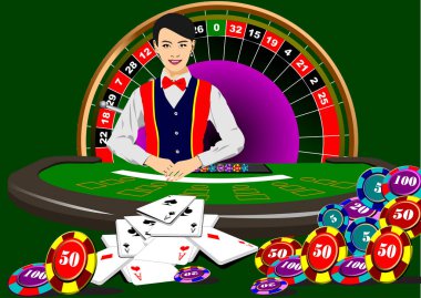 Kumarhanedeki Kadın Krupiyesi. Kumarhane elemanlarıyla. 3d vektör el çizimi