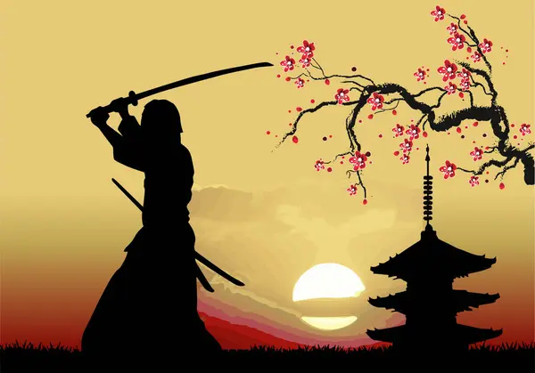Černá Silueta Samuraje Mečem Pozadí Vysoké Oblohy Vektorový Ručně Kreslený Stock Vektory