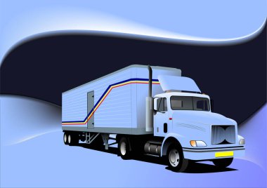 Mavi-siyah soyut arkaplanda açık mavi bir kamyonet. Vektör 3d el çizimi illüstrasyonu
