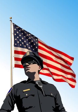 Amerikan bayrağı geçmişinde telsiz telsizi olan bir polis. Vektör 3d el çizimi illüstrasyon