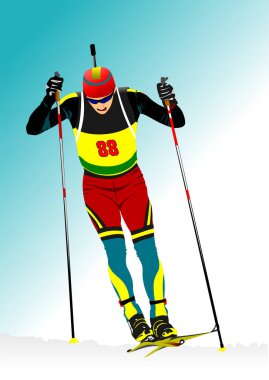 Biatlon koşucusu renkli siluet. Çekim. Vektör 3d el çizimi illüstrasyon