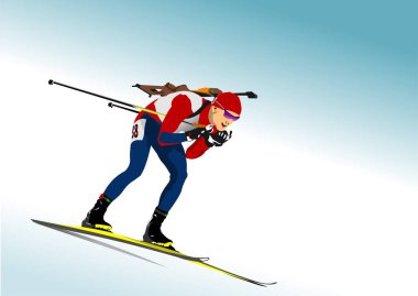 Biatlon koşucusu renkli siluet. Vektör 3d el çizimi illüstrasyon