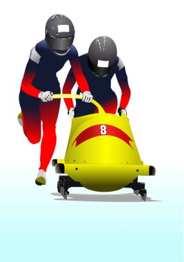 İki erkek Bobsleigh takımı. 3d vektör renk el çizimi