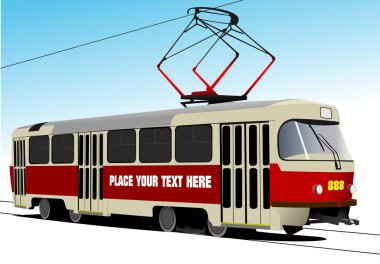 Şehir ulaşımı. Tramvay. Renkli Vektör 3d el çizimi illüstrasyon 